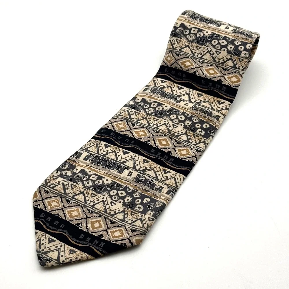Oleg Cassini Mens Silk Tie Geometric Tribal Pattern Black Tan Made in USA 3.75in